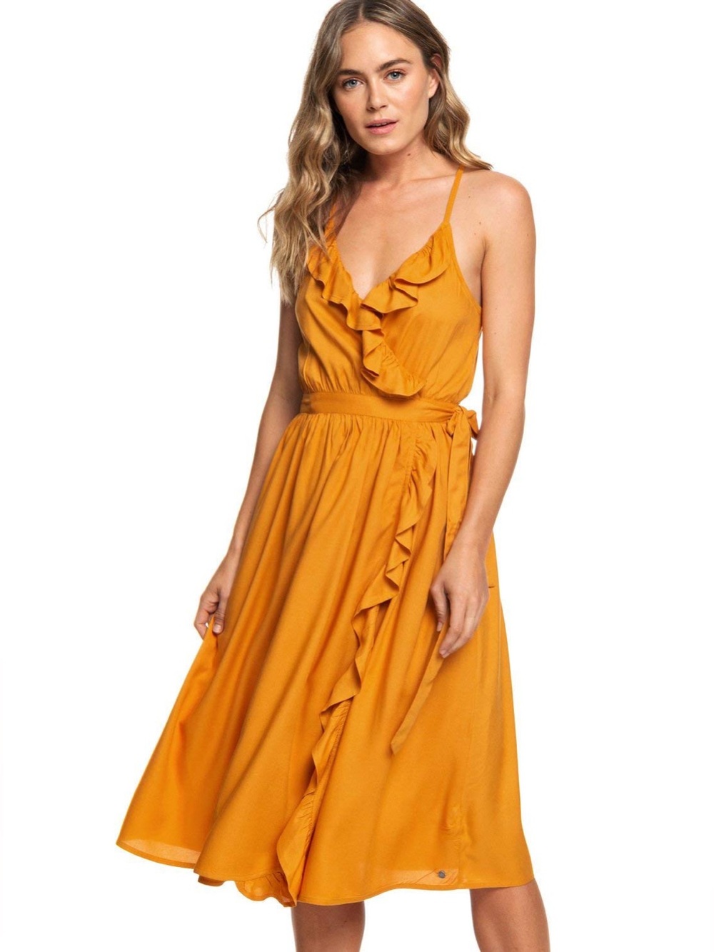 Roxy Ruffle Wrap Midi Summer Dress Women’s Size XS (US 0-1) Mustard Inca Gold